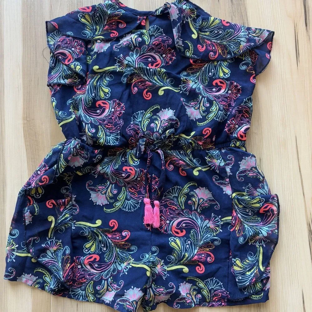 JAPNA KIDS GIRLS 8‎ ROMPER Blue Floral Paisley Ruffle Jumpsuit